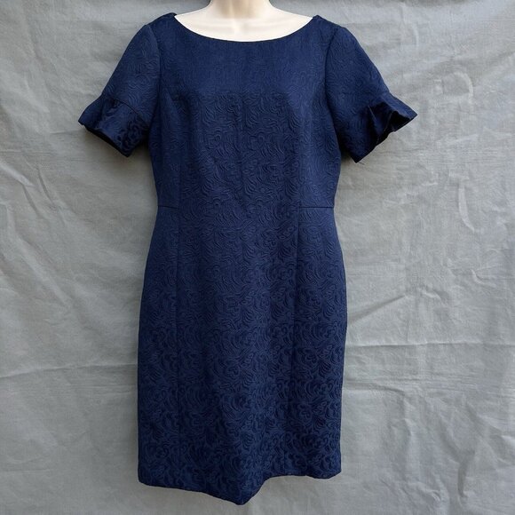 Talbots Dresses & Skirts - Talbots Size 10 Navy Blue Jacquard Brocade Ruffle Sleeve Sheath Dress Classic